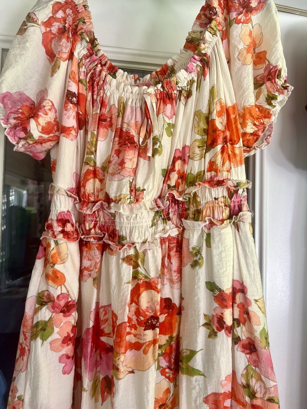 Nicole Miller Cream Maxi Dress with Pink & Orange Floral Print